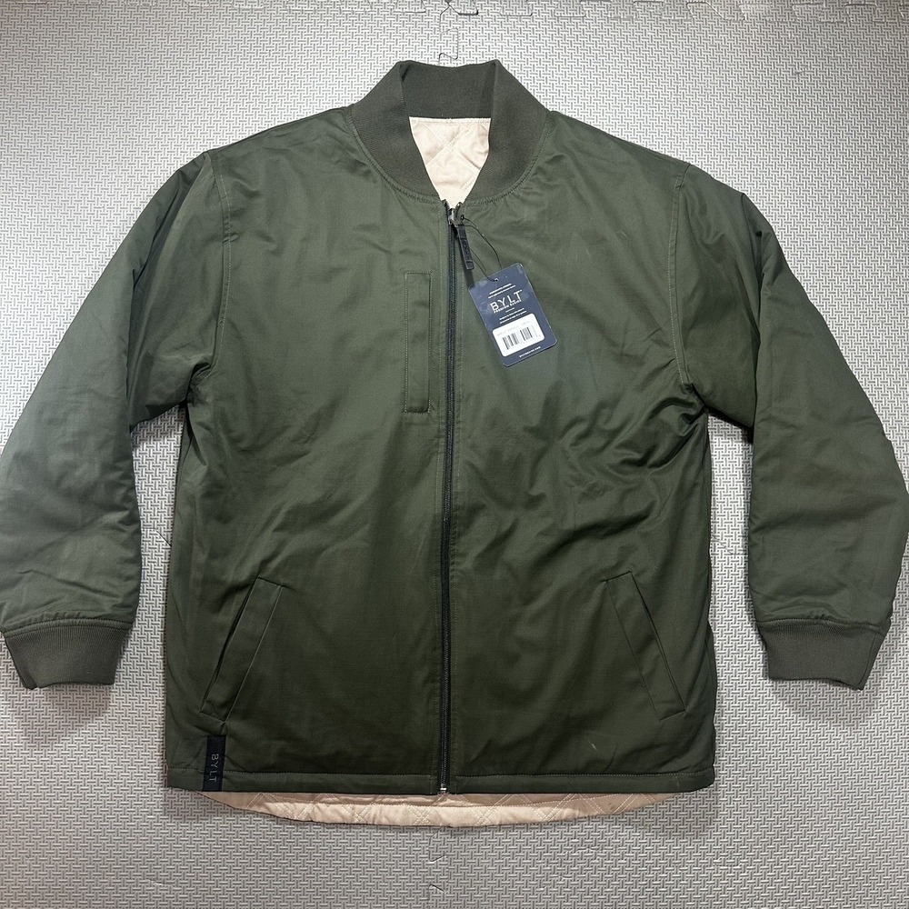 NWT BYLT Basics Hi-Lo Reversible Quilted Bomber Jacket Olive Green Mens XL